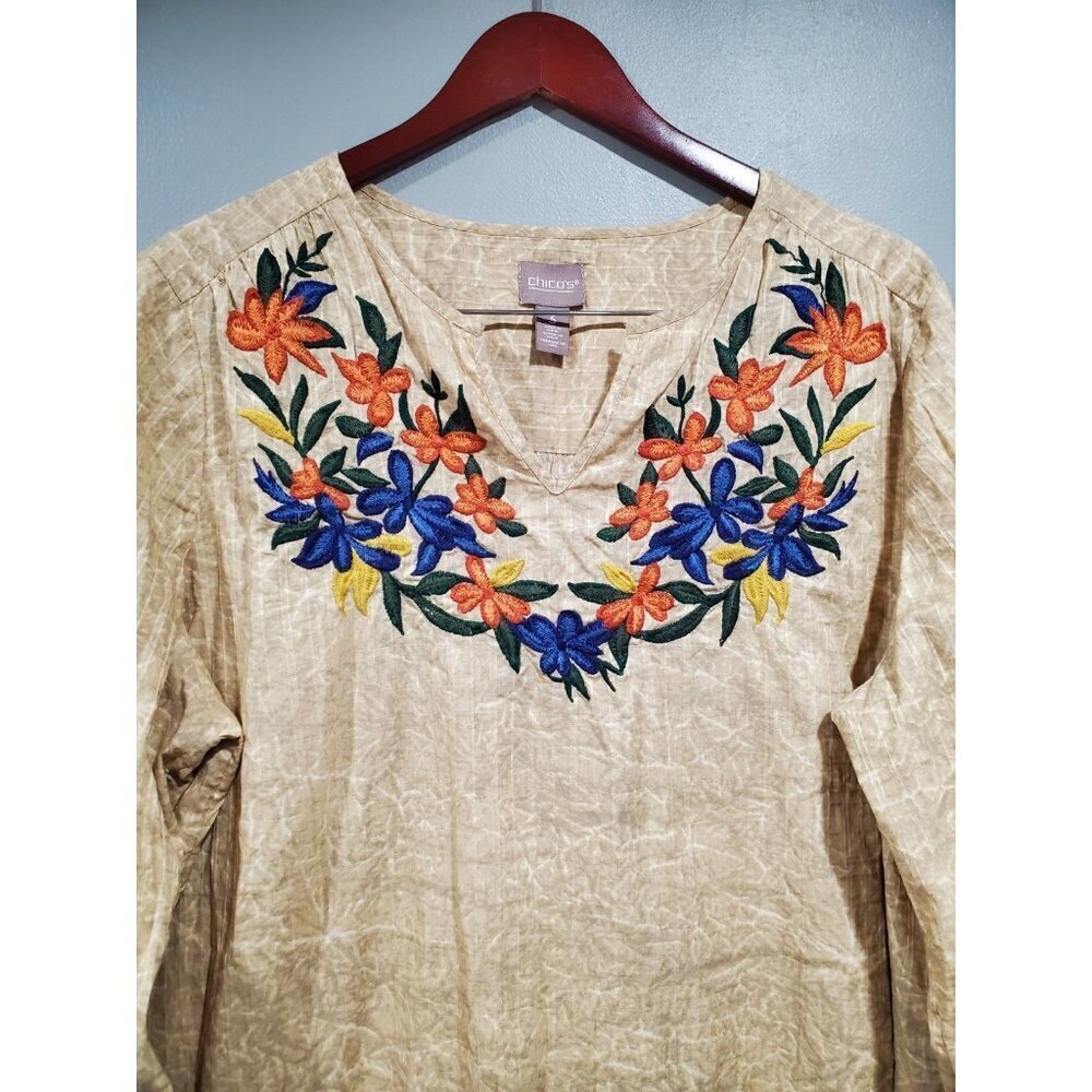 Chico's Tan/Cream Crackle Print Embroidered Floral V-Neck Popover Top Sz 3 XL - Picture 3 of 12